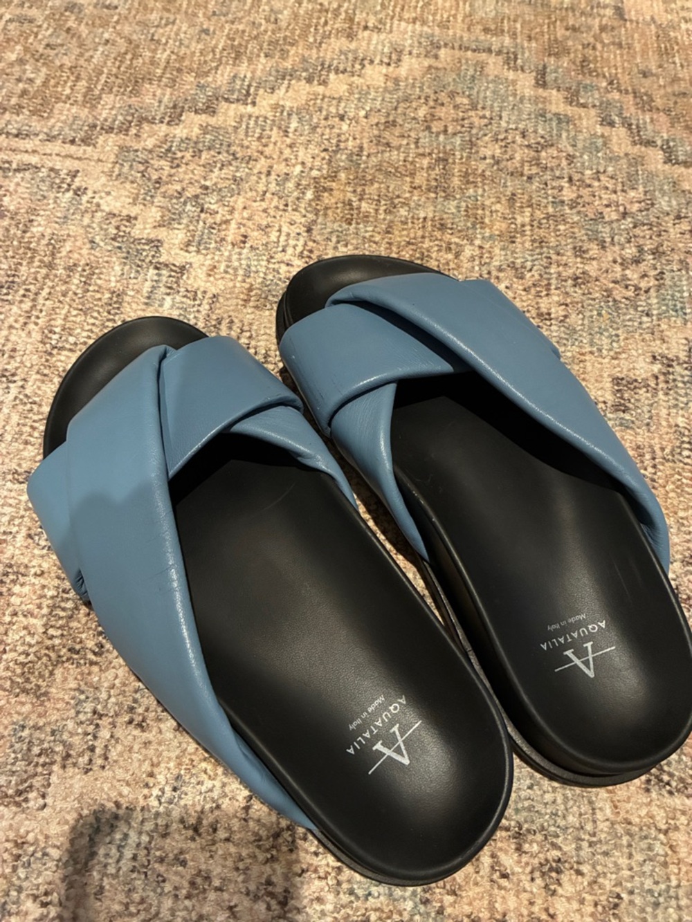 Aquatalia Powder Blue Puffy Leather Crisscross Slide Sandals